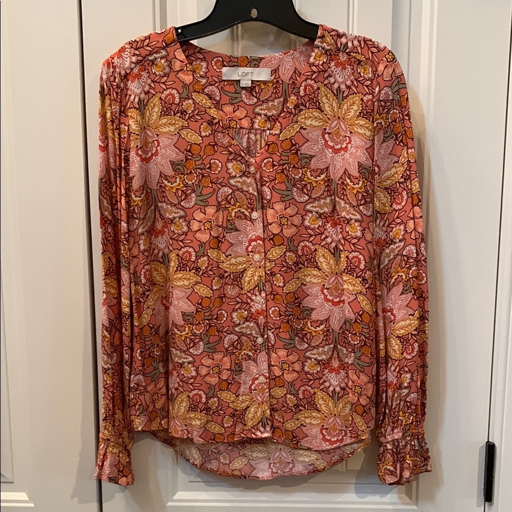 LOFT Floral Orange and Yellow Long Sleeve Blouse with Mandarin Collar